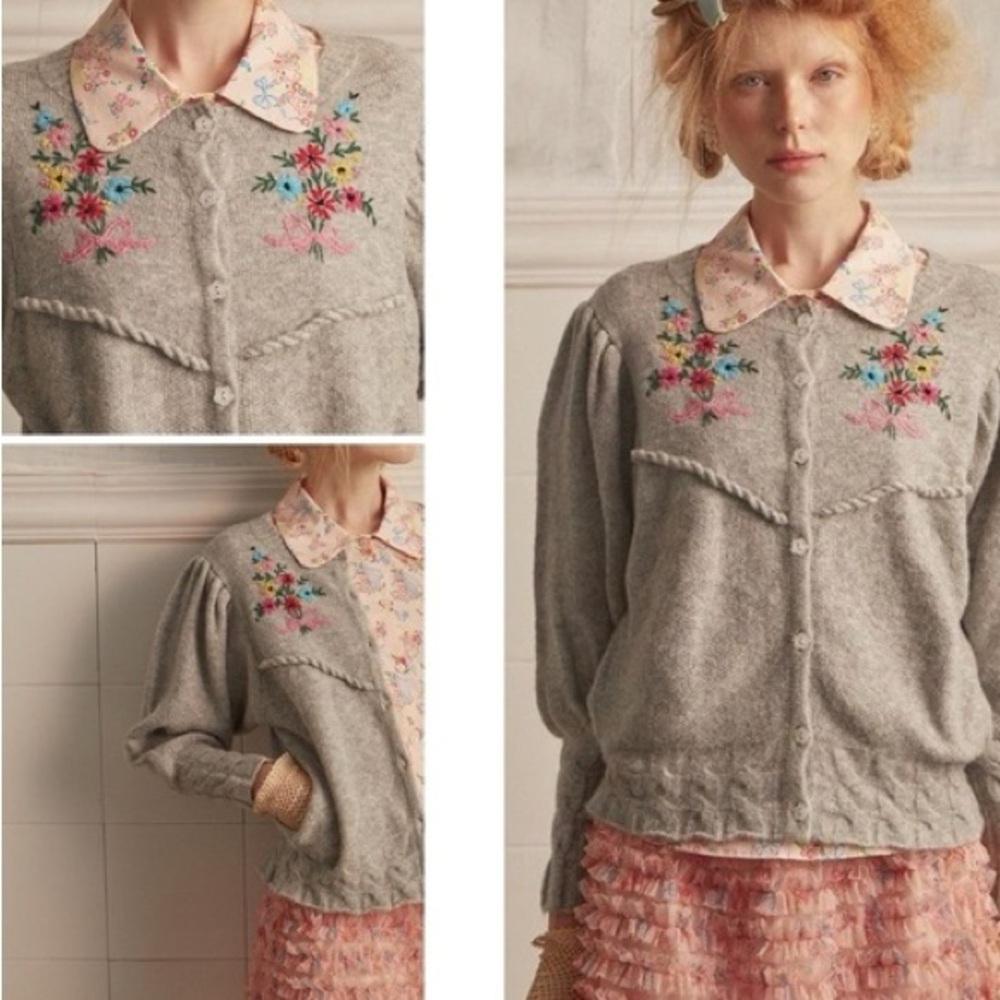Unlogical Poem floral embroidered gray cardigan sweater